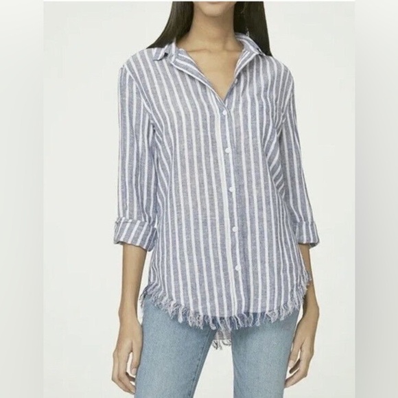 Anthro’s BeachLunchLounge,Striped-linen Frayed-Hem,Button-down Shirt,EUC,size XL - Picture 4 of 14